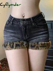 Cyflymder summer inspo Fashion Y2k Leopard Faux Fur Spliced Jean Shorts Women Chic Trendy Street Shorts Retro Exquisite