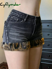 Cyflymder summer inspo Fashion Y2k Leopard Faux Fur Spliced Jean Shorts Women Chic Trendy Street Shorts Retro Exquisite