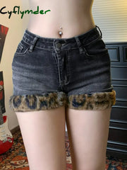 Cyflymder summer inspo Fashion Y2k Leopard Faux Fur Spliced Jean Shorts Women Chic Trendy Street Shorts Retro Exquisite