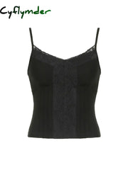 Cyflymder summer inspo Hot Black Solid Lace Patchwork Slim V Neck Basic Cute Camisole Women White Y2K Crop Top S / Black