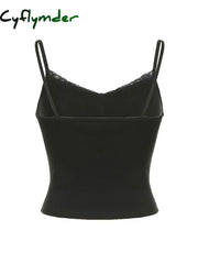 Cyflymder summer inspo Hot Black Solid Lace Patchwork Slim V Neck Basic Cute Camisole Women White Y2K Crop Top