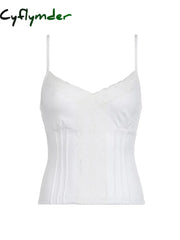 Cyflymder summer inspo Hot Black Solid Lace Patchwork Slim V Neck Basic Cute Camisole Women White Y2K Crop Top S / White