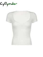 Cyflymder summer inspo Hot Black Solid Slim Elegant Basic Short Sleeve Tees Lace Trim Cute Y2K V Neck White T Shirts