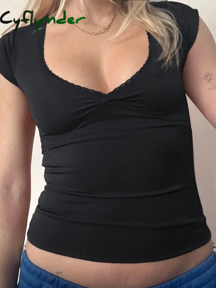 Cyflymder summer inspo Hot Black Solid Slim Elegant Basic Short Sleeve Tees Lace Trim Cute Y2K V Neck White T Shirts