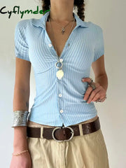 Cyflymder summer inspo Hot Blue Stripe Short Sleeve Shirts For Women Button Up Turn Down Collar Slim Simple Casual