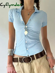 Cyflymder summer inspo Hot Blue Stripe Short Sleeve Shirts For Women Button Up Turn Down Collar Slim Simple Casual