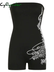 Cyflymder summer inspo Hot Dragon Print Sleeveless Strapless Skinny Sexy Rompers Womens Black Chinese Style Playsuit