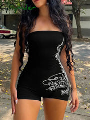 Cyflymder summer inspo Hot Dragon Print Sleeveless Strapless Skinny Sexy Rompers Womens Black Chinese Style Playsuit