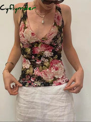 Cyflymder summer inspo Hot French Romantic Colorful Floral Print Lace Vest Sleeveless V Neck Slim Elegant Sexy Summer