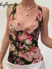 Cyflymder summer inspo Hot French Romantic Colorful Floral Print Lace Vest Sleeveless V Neck Slim Elegant Sexy Summer