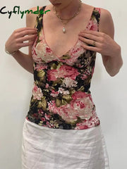 Cyflymder summer inspo Hot French Romantic Colorful Floral Print Lace Vest Sleeveless V Neck Slim Elegant Sexy Summer