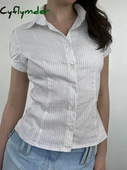 Cyflymder summer inspo Hot White Stripe Puff Short Sleeve Button Shirts For Women Basic Simple Casual Seumme Preppy