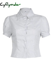 Cyflymder summer inspo Hot White Stripe Puff Short Sleeve Button Shirts For Women Basic Simple Casual Seumme Preppy