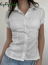 Cyflymder summer inspo Hot White Stripe Puff Short Sleeve Button Shirts For Women Basic Simple Casual Seumme Preppy