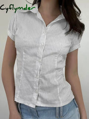 Cyflymder summer inspo Hot White Stripe Puff Short Sleeve Button Shirts For Women Basic Simple Casual Seumme Preppy