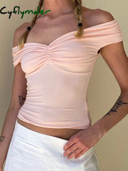 Cyflymder summer inspo Off Shoulder Solid Ruched V Neck Slim Basic Cropped Tee Shirt Women L / Pink