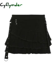 Cyflymder summer inspo Punk Gothic Black Eyelet Ribbon Denim Skirt Women Low Waist Asymmetrical Tiered Pleated Short