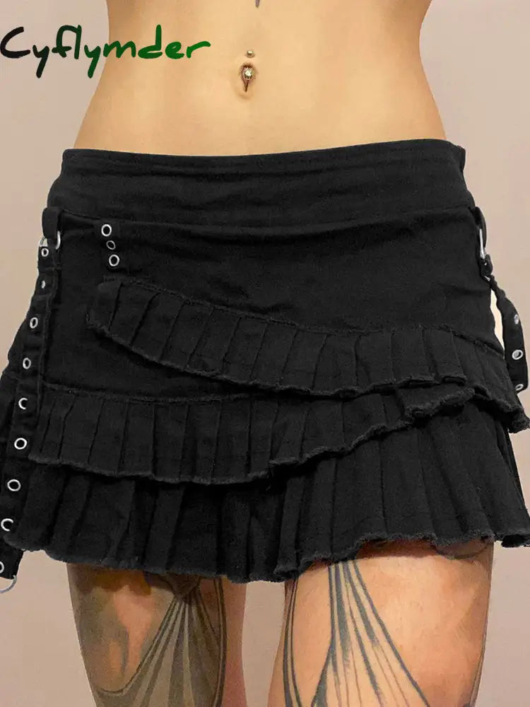 Cyflymder summer inspo Punk Gothic Black Eyelet Ribbon Denim Skirt Women Low Waist Asymmetrical Tiered Pleated Short