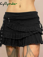 Cyflymder summer inspo Punk Gothic Black Eyelet Ribbon Denim Skirt Women Low Waist Asymmetrical Tiered Pleated Short