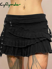 Cyflymder summer inspo Punk Gothic Black Eyelet Ribbon Denim Skirt Women Low Waist Asymmetrical Tiered Pleated Short