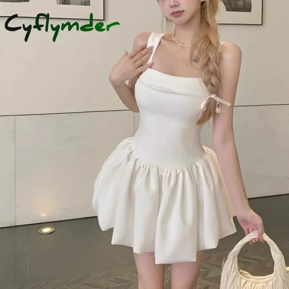 Cyflymder summer 2025 outfits Women Cutecore Party Suspender Bubble Dress Lady Solid Ruched Prom Mini Dresses Female