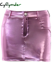 Cyflymder Summer Autumn Pink Silver Reflective Shiny Patent Leather Mini Skirts for Women High Waist A Line Short Sexy