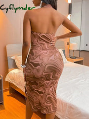 Cyflymder Summer Beach Dress Women’s Sleeveless Slim Halter Criss Cross Backless Marble Print