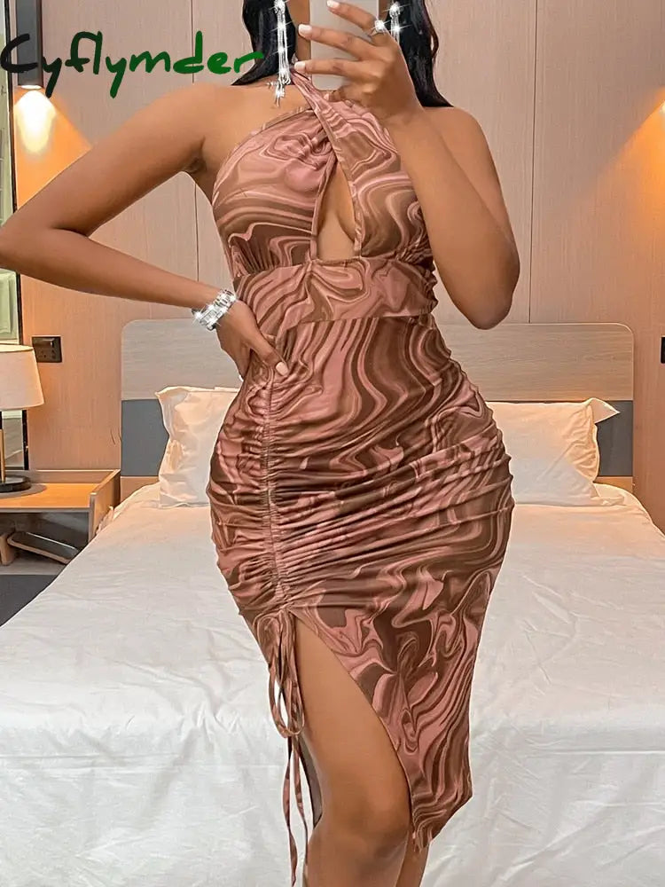 Cyflymder Summer Beach Dress Women’s Sleeveless Slim Halter Criss Cross Backless Marble Print