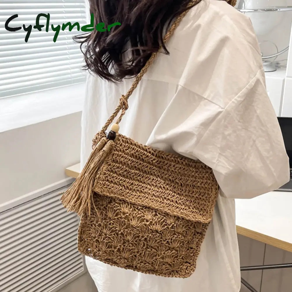 Cyflymder Summer Beach Straw Bag Design Women Shoulder Messenger Crossbody Raffia Hollow Woven