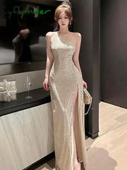 Cyflymder Summer Beige Sexy Club Off Shoulder Sequin High Split Long Dress Women Elegant Backless Birthday Party