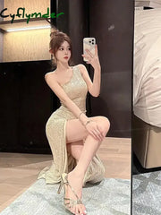 Cyflymder Summer Beige Sexy Club Off Shoulder Sequin High Split Long Dress Women Elegant Backless Birthday Party