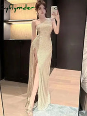Cyflymder Summer Beige Sexy Club Off Shoulder Sequin High Split Long Dress Women Elegant Backless Birthday Party