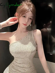 Cyflymder Summer Beige Sexy Club Off Shoulder Sequin High Split Long Dress Women Elegant Backless Birthday Party