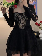 Cyflymder Summer Black Chic Dress Women Lace Patchwork Sexy Party Mini Dresses Female Designer Korean Fashion Fluffy