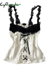 Cyflymder Summer Clothes Y2k Sexy Crop Top Corset Coquette Bow Lace Sling White Tube Tank Tops Kawaii Cute Japanese