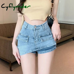 Cyflymder Summer Denim Short Skirt for Women Sexy Slim High Wiast Wrap Hip Mini Skirts Woman Korean Chic Pockets Shorts