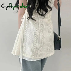 Cyflymder Summer Dress Women Chic French Lace Stitching Sling Shirt Stacked Gauze Knitted Overskirt