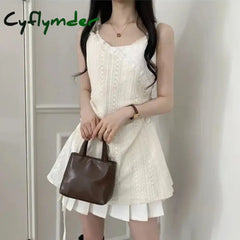 Cyflymder Summer Dress Women Chic French Lace Stitching Sling Shirt Stacked Gauze Knitted Overskirt