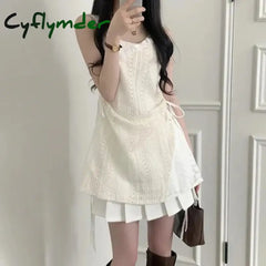 Cyflymder Summer Dress Women Chic French Lace Stitching Sling Shirt Stacked Gauze Knitted Overskirt