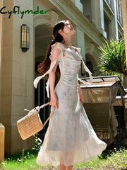 Cyflymder Summer Elegant Fashion Floral Chiffon Halter Dresses Women’s Vintage Chic Casual Midi