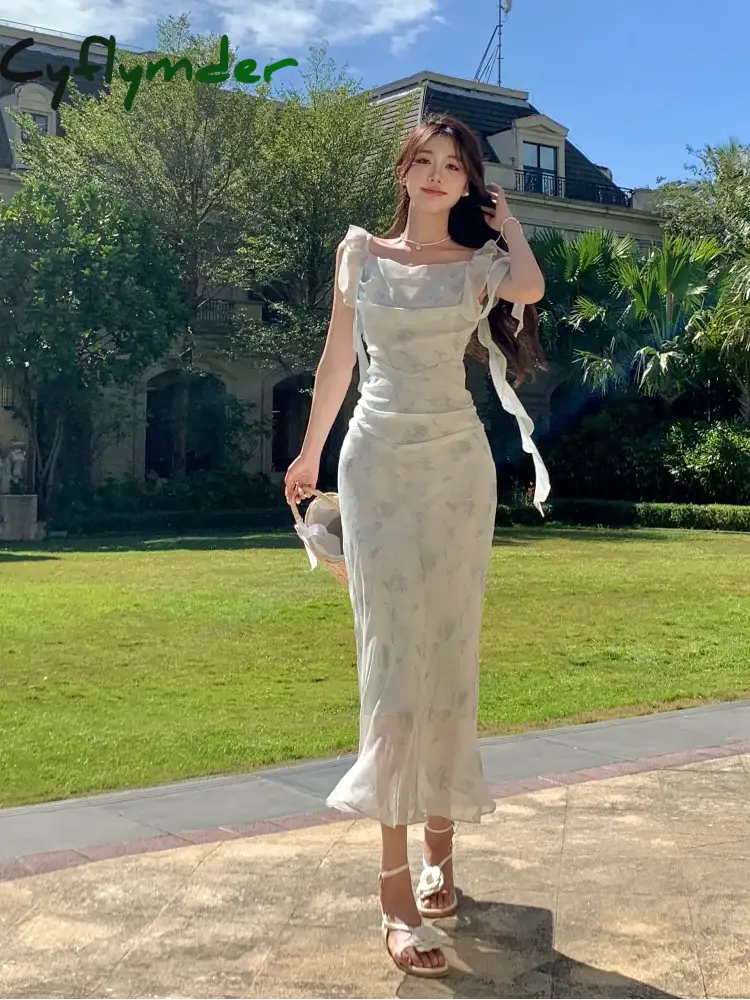 Summer Elegant Fashion Floral Chiffon Halter Dresses Women's Vintage Chic Casual Midi Dresses Sexy Backless Holiday Party Dress