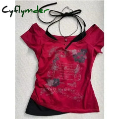Cyflymder Summer Fake Two Pieces Halter Bandage Vintage T-shirts Y2k Aesthetic Slim Crop Tops Women Grunge Print