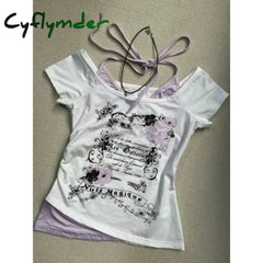 Cyflymder Summer Fake Two Pieces Halter Bandage Vintage T-shirts Y2k Aesthetic Slim Crop Tops Women Grunge Print