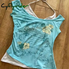 Cyflymder Summer Fake Two Pieces Halter Bandage Vintage T-shirts Y2k Aesthetic Slim Crop Tops Women Grunge Print