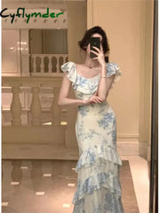 Cyflymder Summer Fashion Elegant Backless Print Slip Dress Female Long Sexy Evening Party Vacation