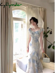 Cyflymder Summer Fashion Elegant Backless Print Slip Dress Female Long Sexy Evening Party Vacation