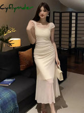 Cyflymder Summer Fashion Women Black Temperament Sexy Club Party Mesh Long Dress Vintage Beige Square Collar Elegant