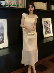 Cyflymder Summer Fashion Women Black Temperament Sexy Club Party Mesh Long Dress Vintage Beige Square Collar Elegant