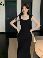 Cyflymder Summer Fashion Women Black Temperament Sexy Club Party Mesh Long Dress Vintage Beige Square Collar Elegant