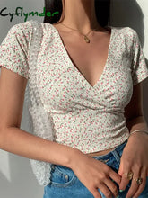 Summer French Retro Floral V-neck Short-sleeved T-shirt Slim Slimming Wild High Waist T-shirt Women's Top